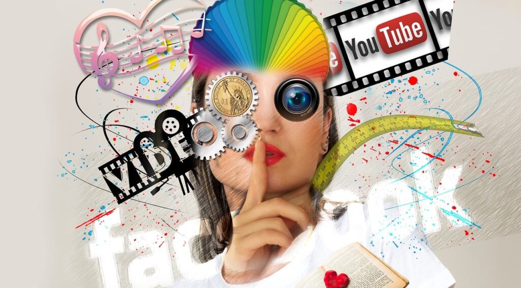 Abstract picture of a woman's face with social media icons.