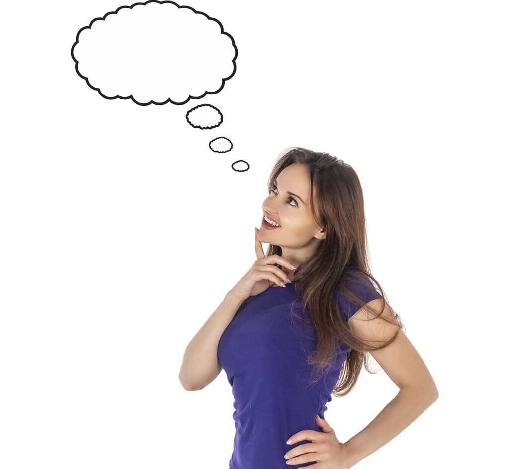 Woman with thinking bubble above her head.