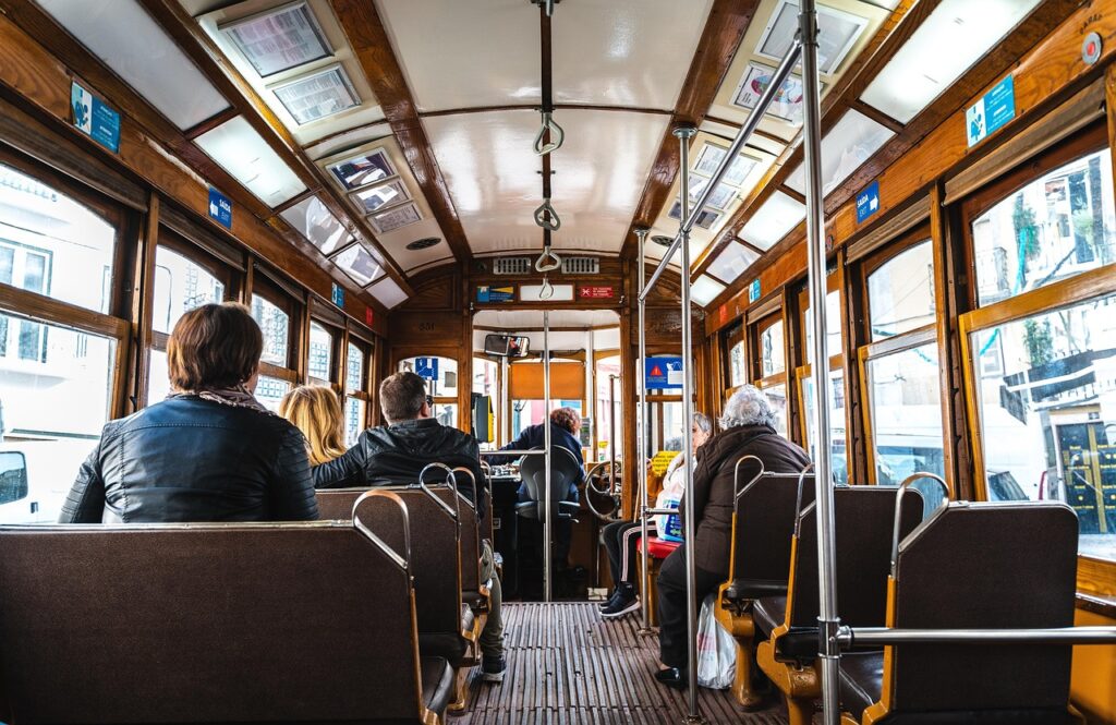 Picture is of the interior of an old fashioned tram